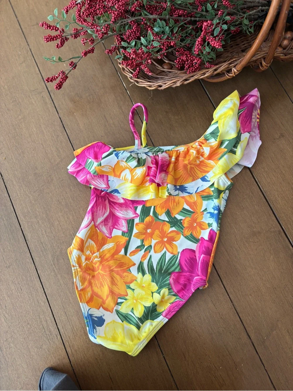 Janie and Jack Tropical Floral One-Shoulder Swimsuit in Pink, Yellow & Blue